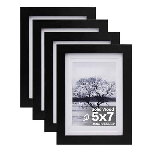 Egofine 5x7 Picture Frames Set of 4, Made of Solid Wood Covered by Plexiglass 3.5x5 and 4x6 with Mat or 5x7 without Mat, for Table Top Display and Wall Mounting Photo Frame Black