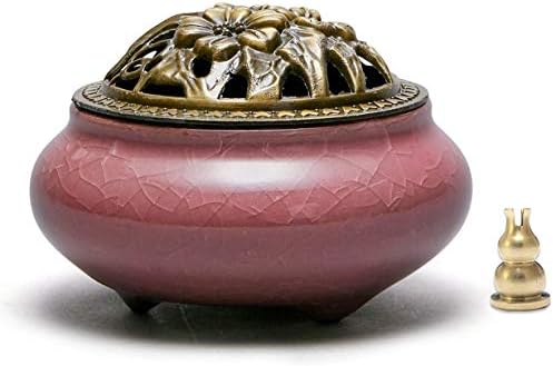 avena Incense Burner Ceramic Cone/Coil Incense Holder Ash Catcher Tray Bowl with Brass Calabash Incense Holder Cracked Glaze (Pink)
