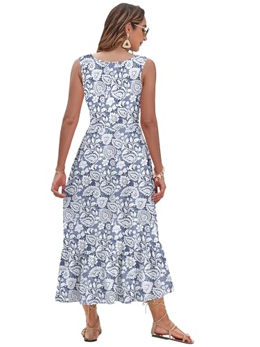 Image of AUSELILY Womens Summer Maxi Dress Casual Sleeveless V Neck Floral Dresses | A line shape with practical side pockets, Vacation dress for resort walks, Pair with low heels and simple jewelry