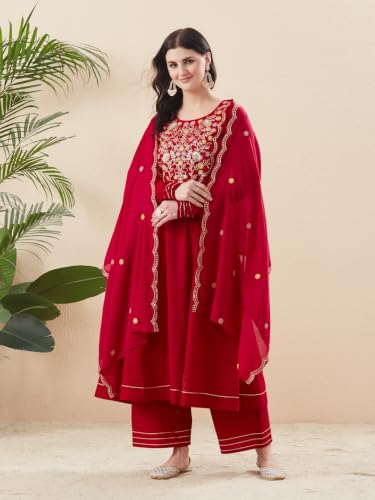Image of MOKOSH Women's Cotton Anarkali Kurta Palazzo with Dupatta | Anarkali Kurta Set | Round Neck Full Sleeve | 3 Piece Outfit | Indian Kurta Outfit With Palazzo Pant | Embroidered