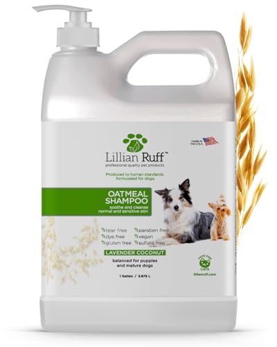 Lillian Ruff PRO Formula Deodorizing Oatmeal Dog Shampoo - Calms Itching & Allergies Ultra-Nourishing Dry Skin Relief - Oatmeal Aloe Coconut Oil Lavender & Provitamin B5 - Made in USA Gallon+Pump