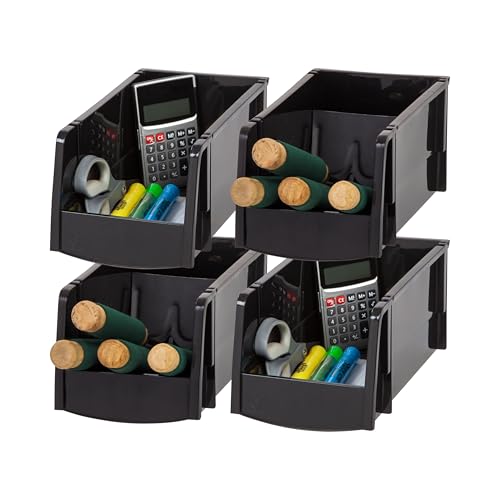 Image of IRIS USA Medium Stackable Storage Bins, 4-Pack, 11 inch L x 6 inch W x 5 inch H, |Made in USA|, Plastic Open Front Shelf Bin for Organizing Parts, Hardware, Tools, Supplies, Garage Shelf, Pantry - Black