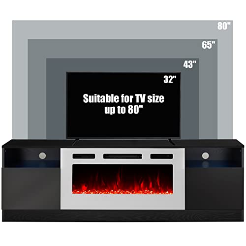 Image of AMERLIFE Fireplace TV Stand with 36 inch Electric Fireplace, LED Light Entertainment Center, Modern Wood Texture Entertainment Stand with Highlight Storage Cabinet for TVs Up to 80 inch, 70 inch, Black & White