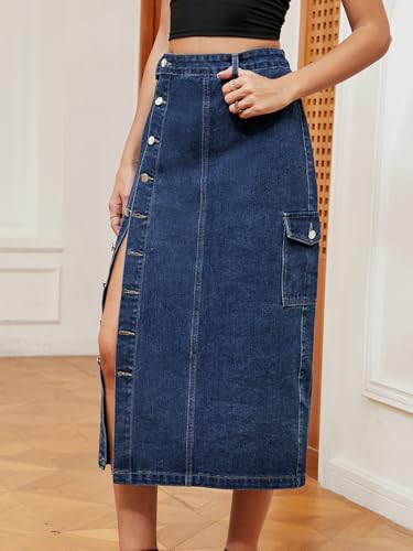 Women's Casual High Waist Denim Mid Skirt Slit Button Up Jean Skirts with Pockets3