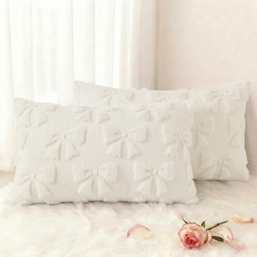Image of decorUhome Cream White Bow Pillow Covers Set of 2 Coquette Aesthetic Cute Preppy Plush Faux Pillowcases for Girly Bedroom or Couch 12x20 Inch