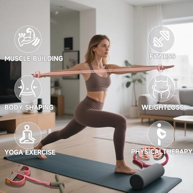 Pilates Ring Essentials Kit for Women£¬with Pedal Resistance Band - Resistance Bands with Handles - Pilates Ring - 24Wheel Muscle Roller - Beginners Home Body Shaping and Stretching Workout Equipment