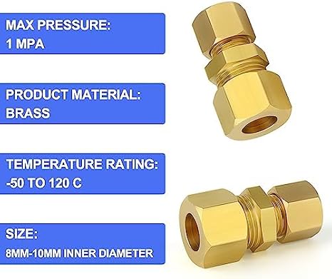2Pcs Brass 8mm to 10mm OD Reducing Straight Compression Fitting | Dual compression sleeve, secure internal ferrule bite, leakproof tight union, suitable for fuel copper tube plumbing