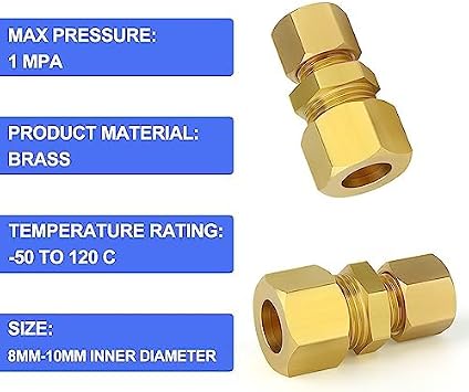 2Pcs Brass 8mm to 10mm OD Reducing Straight Compression Fitting | Dual compression sleeve, secure internal ferrule bite, leakproof tight union, suitable for fuel copper tube plumbing