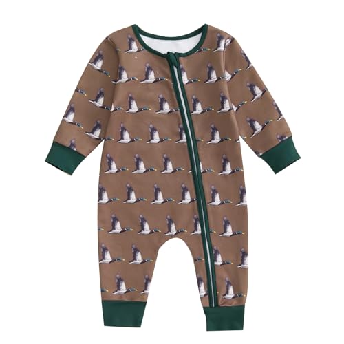 Image of Biayxms Infant Baby Boy Girl Mallard Duck Romper Jumpsuit Long Sleeve Zip Up Duck One Piece Overalls Hunting Baby Clothes