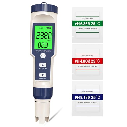 Pool Salt Tester, 5 in 1 pH and Salt Meter for Saltwater Pool pH and Salinity Digital Tester, Fish Pond Salt Level Testing Professional