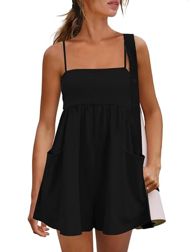 Kumufenc Womens Summer Rompers 2026 Casual Spaghetti Strap Short Jumpsuits with Pockets(Black M)