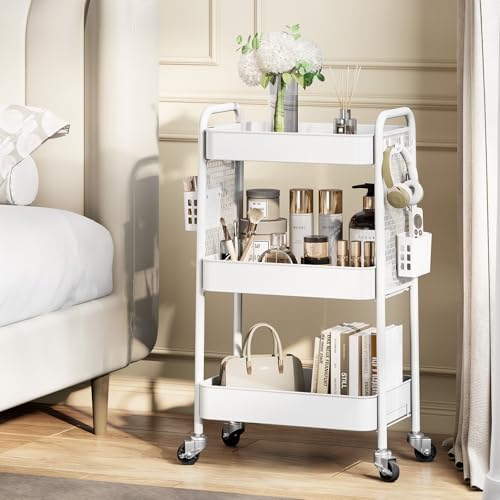 Miniatura 8 de Urackify Carrito De Almacenamiento Utilitario Para Diversas Aplicaciones Carrito Rodante De Metal De 3 Niveles Con Tableros De Clavijas, Cestas Y Ganchos Para Almacenamiento Adicional En Cocina,