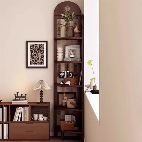 5-Tier Rattan Corner Shelf, Free-Standing Tall Display Rack for Living Room, Bedroom, Office & Balcony – Sturdy Feet, Narrow Design, Space-Saving Storage Solution (Brown)