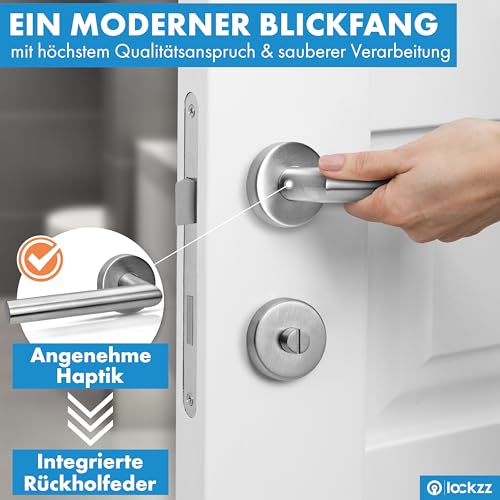 lockzz Türgriff Drückergarnitur Würzburg, Edelstahl matt gebürstet, Türbeschlag für Badezimmertüren, Rund-Rosette, L-Form, WC - Badezimmer