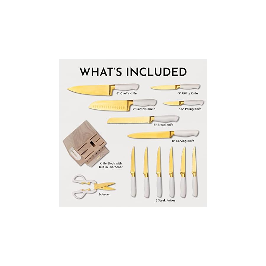White-and-Gold-Knife-Set-with-Block-Self-Sharpening-14-Piece-Luxurious-Titanium-Coated-Gold-and-White-Kitchen-Knife-Set-Ashwood-Wood-Knife-Block-with-Sharpener-White-and-Gold-Kitchen-Accessories White and Gold Knife Set with Block Self Sharpening - 14 Piece Luxurious Titanium Coated Gold and White Kitchen Knife Set & Ashwood Knife Block with Sharpener - White and Gold Kitchen Accessories