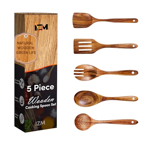 5-Piece Premium Wooden Utensil Set - Teak Cooking Spoons for Effortless Food Preparation
