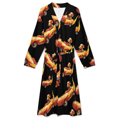 Dachshund Driving Hot Dog Flame Car Soft Robe Long Sleeve Bathrobes V Neck Sleepwear Spa Robes with Belt Men Woman3