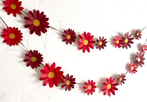Image of Red Daisy Flower Wall and Party Decor. This Easy Decor kit Comes with 18 Paper Flowers, Needle, 10 feet Satin Ribbon and Sticky Foam Squares.