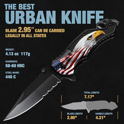 Image of GOOD WORKER Legal Pocket Knife with 2.95 inch Serrated Blade, Glass Breaker, Seat Belt Cutter - EDC Sharp Folding Knives with Portable Clip - Small Tool for Tactical Camping Survival Hiking - Gifts for Men, Women