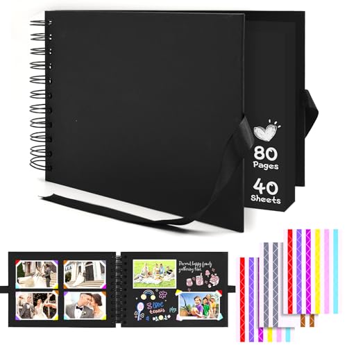 Álbum de Fotos para Colar e Escrever Scrapbook Caderno Folhas Pretas 80 Páginas 215 * 150mm Álbum de Fotos DIY Scrapbooking Álbum Com 108 Pares de Cantos Adesivos, para Aniversários Aniversário de