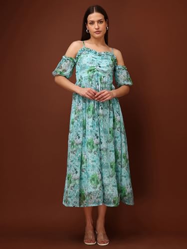 Image of PURVAJA Women's Sweetheart Neck Georgette Midi Dress (Floe-111-113)