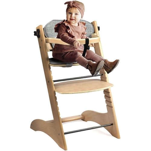 Silla alta de madera regulable para niños, silla escalera con bandeja extraíble, cojín y cinturón de seguridad, capacidad de carga hasta 50 kg, acabado natural