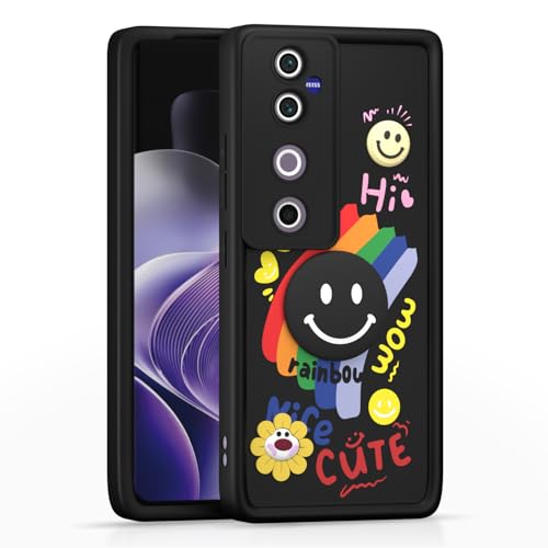 Image of Pikkme Back Cover for Vivo V40 5G / V40 Pro 5G / T3 Ultra 5G | Soft Silicone| Cute Rainbow Smile & 3D Cartoon Flower Design | Shockproof Raised Camera Protection Bumper Case (Black)