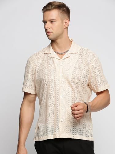 Image of SHOWOFFFF Men Solid Crochet Casual Shirt | Cuban Collar Half Sleeves Cotton Shirt for Mens | Relaxed Fit Regular Length Shirt for Men's