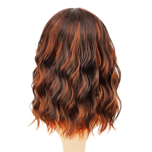 Image of AISI HAIR Ginger and Brown Synthetic Wavy Curly Bob Wig with Bangs Short Wavy Hair for Women Synthetic Heat Resistant Bob Wigs