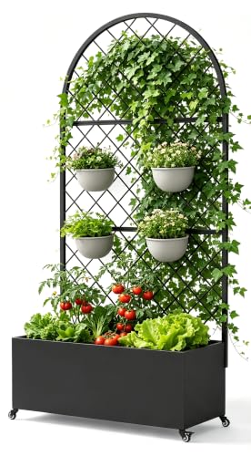 Hillzzer Metal Planter Box with Trellis and Wheels, 73 * 35 * 16IN,Black