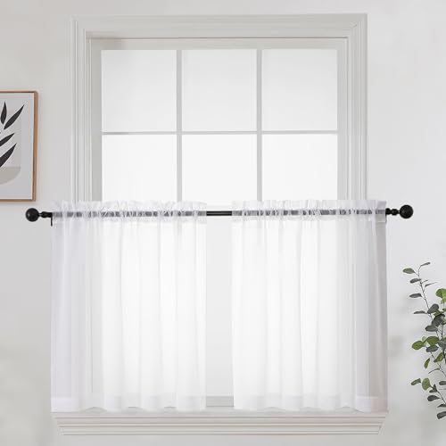 Image of OWENIE White Short Sheer Curtains 24 Inches Long 2 Panels Set for Kitchen Window, Rod Pocket Light Filtering Sheer Tier Curtains for Small Laundry Room, RV, Camper Travel Trailers, 42 W x 24 L