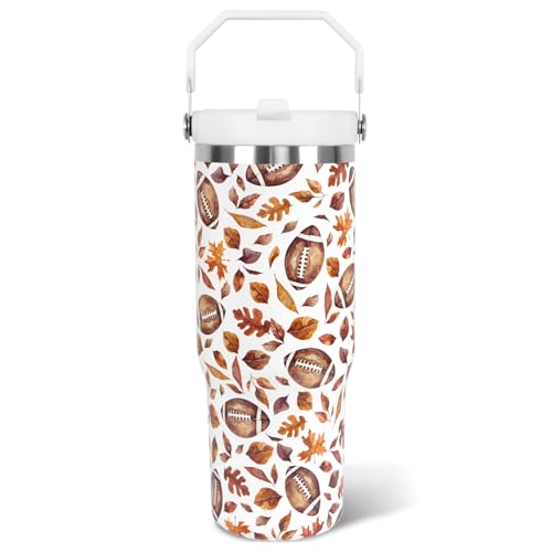 Zbnisiw Fall Tumbler with Lid and Straw 30oz,Football Maple Leaves...