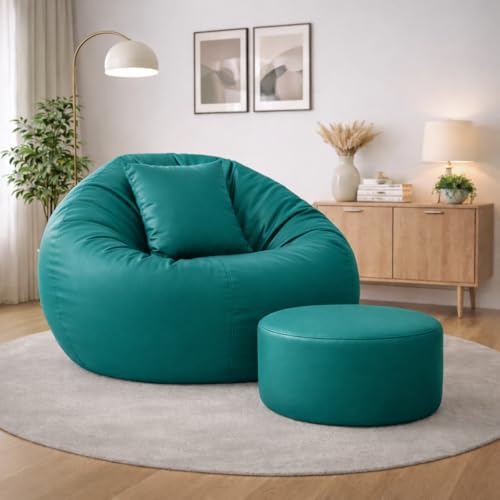 Image of 4XL Tear Drop Bean Bag with Footrest & Cushion | Premium Leatherette Bean Bag Cover | XXXXL Lounger Chair for Living Room | Without Beans | Upto 150 Kg (Teal, XXXXL)