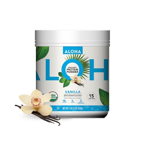 ALOHA Organic Plant Based Protein Powder, Stevia Free, Vanilla, 19.6 oz, 15 Servings PACKAGING MAY VARY