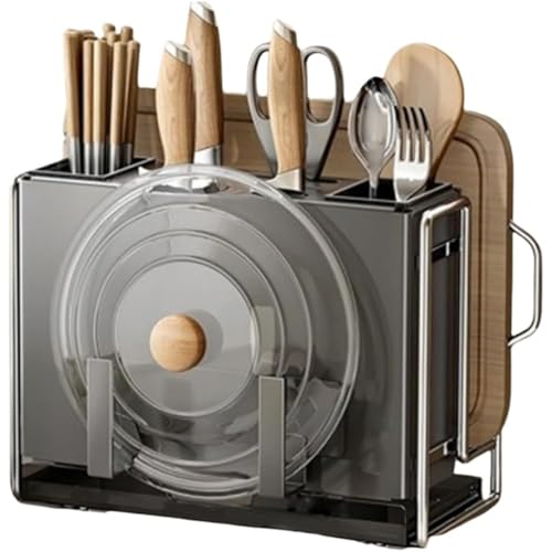 FWYTT まな板スタンド 包丁立て 鍋蓋スタンド お箸立て 包丁スタンド キッチン収納 包丁ホルダー 多機能キッチン用収納ラック おしゃれ まな板立て 水切りトレイ付 大容量 箸立て 鍋蓋 通気性 防錆 滑り止め吸盤 コンパクト収納 (テーブル - ホワ