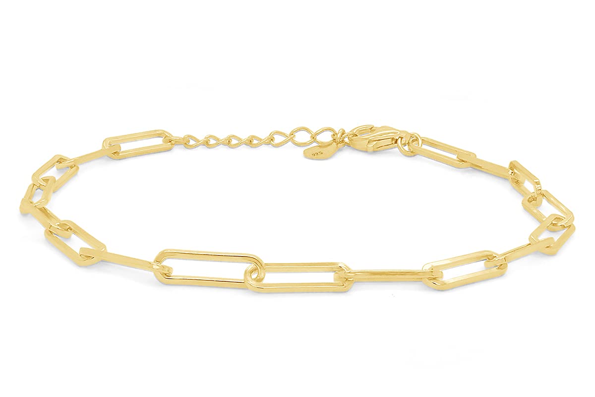AFFY 7" Length +1" Adjustable Paper Clip Chain Bracelet In 14K Gold Plated 925 Sterling Silver Jewelry For Women