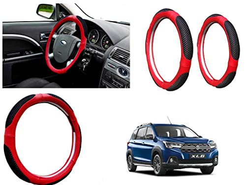 Image of Microfiber Car Steering Wheel Cover, Soft Padding Great Hand Feel, Anti-Slip, Faux Leather Steering Cover for Maruti Suzuki XL 6 | Black Red Jali - Pack of 1
