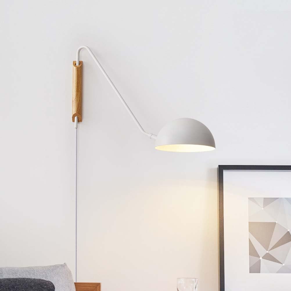 AoLa Vintage Holz Wandleuchte Mit Schalter Und Stecker Verstellbar Wandlampe Innen E27 Schwenkarm Wandbeleuchtung mit Kabel 360° Drehbare Lang Arm Leselampen Nachttischlampe für Schlafzimmer Büro