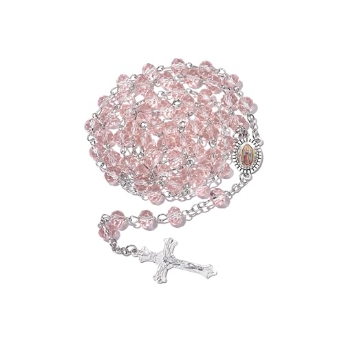 SZQCZB Crystal Rosary Bead Catholic for Women, Our Lady of Guadalupe Medal with Metal Box and 18Pcs Prayer Cards2
