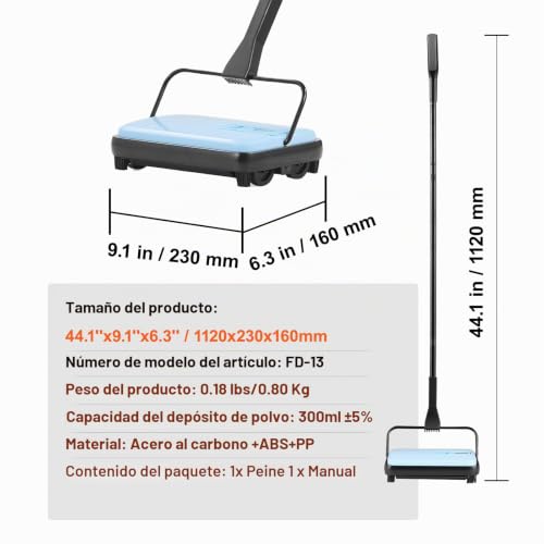 Miniatura 7 de Vevor Barredora De Alfombras Manual Barredora De Pisos Con Depósito De 300 Ml Fácil De Vaciar Ancho De Limpieza De 17 Cm Para Alfombras De Oficina En Casa, Polvo De Pelo De Mascotas, Color Azul