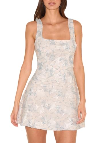 Image of Women's Floral Jacquard Dresses Adjustable Strap Sundress A-Line Tank Mini Dress