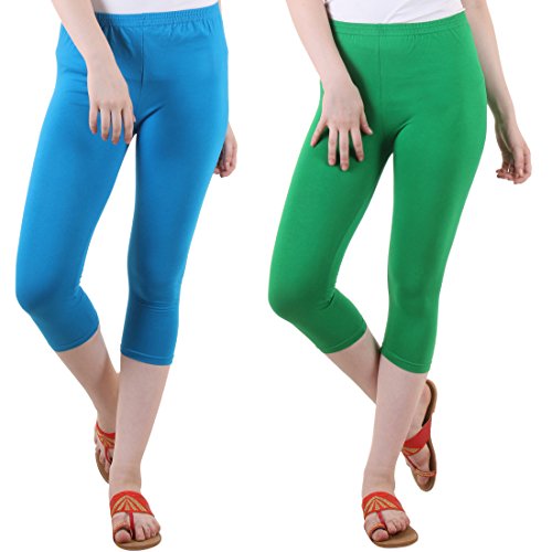 Image of DIAZ Women Cotton Stretchable Capri | Slim /Regular Fit | Breathable Yoga, Gym & Lounge Wear | High-Waist Stretchable 3 /4 Length Leggings with Wide Waistband - Pack of 2