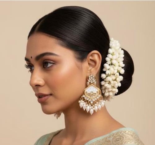 Image of Traditional 20K Gold Plated Kundan Chandbali Earrings with Black Beads and Faux Pearls for Women - Ethnic Wedding & Partyy Wear Statement Jewelry