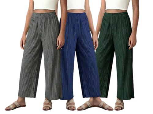 Image of Set of Combo Trouser and Pants for Girls and Women's Relaxed Fit Stretchable Regular Fit Palazzos Lightweight Elastic Waistband Bottoms for Daliy Office & Casual Wear