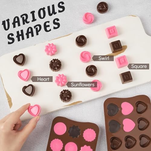 Image of 4 Pcs Silicone Chocolate Molds, Non-Stick Candy Molds for Making Bite Size Chocolates, Candies, Truffles, Gummies, Jelly (Heart, Sunflower, Rose, Square, Swirl Shaped)