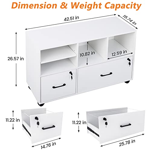2-Drawer Wood File Cabinet With Lock, Mobile Lateral Filing Cabinet With Adjustable Shelf&Lockable Wheels, Fits Files Letter/Legal/F4/A4 Size, Printer Stand With Open Shelves Office - White #TOP1