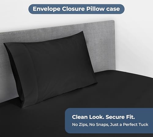 Image of Royale Linens Fitted Sheet With Pillowcase - Twin Fitted Sheets With 1 Pillowcase - 300 Thread Count 100% Organic Cotton - Fit Mattress Up to 18 inch Deep - Ultra Soft & Breathable - Black (No Flat Sheet)