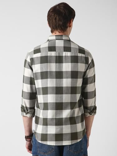 Image of VASTRADO Mens Olive Checked Shirt Cotton, Breathable Fabric | Full Sleeve, Collar Neckline, Short Length | Casual Wear, Timeless Style