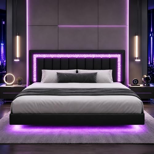 HOMBCK Floating Bed Frame King with Smart LED Lights, Faux Leather Upholstered Platform Bed with...