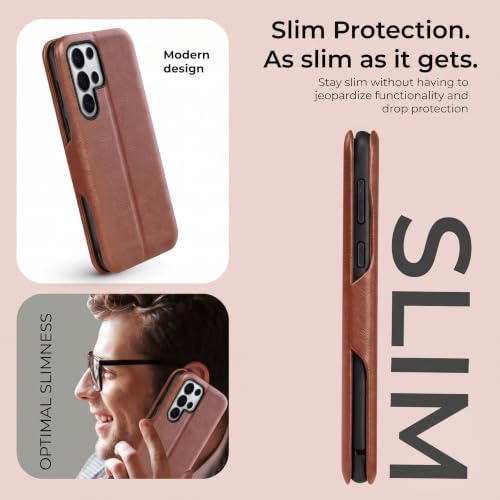 Image of PULOKA Premium Vegan Leather Phone Cover with Card Slot - Compatible with Samsung Galaxy S25 Ultra - Sleek Flip Case, Slim, Durable, Privacy Protection, Kickstand Function (Brown)